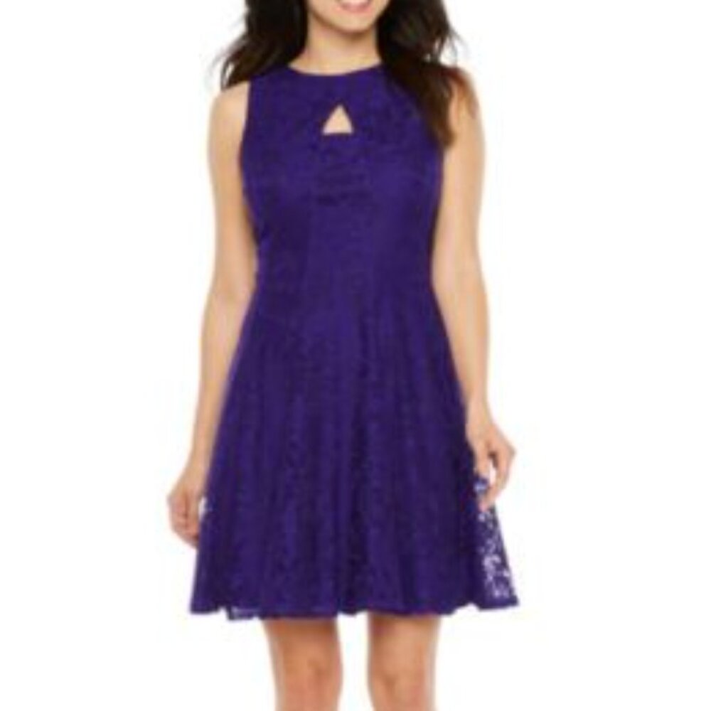 DANNY & NICOLE Sleeveless Lace Fit & Flare Dress Dark Purple Party Wedding Work - Picture 1 of 15
